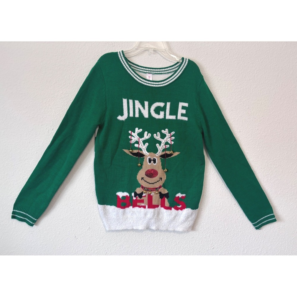 Christmas Sweater‎ Kids Large Jingle Bells Reindeer Green White Holiday